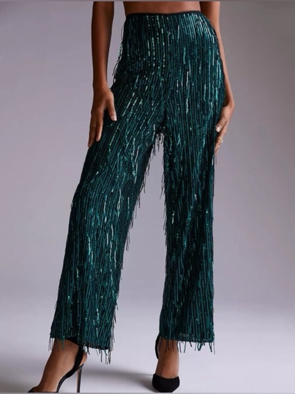 Anthropologie Maeve Fringed Sequin Wide Leg Pants Green 10 Holiday Party